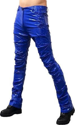 Generic Mens Shiny Patent Leather Low Waist Solid Color PVC Slim Trousers with Pocket Pleated Pencil Pants Blue L