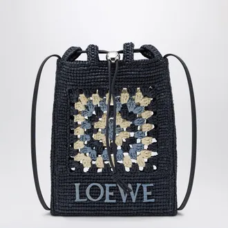 Loewe Navy/light blue raffia and leather drawstring pouch