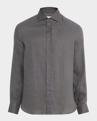 Brunello Cucinelli Mens Linen and Cotton Band Collar Button-Down Shirt