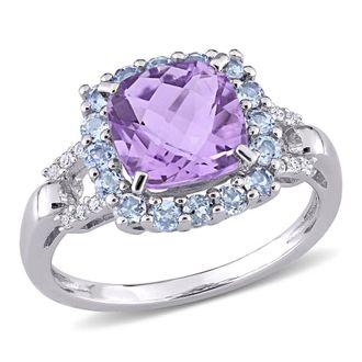 Amour Halo Diamond, Amethyst, and Cushion Cut Tanzanite Ring In Sterling Silver
