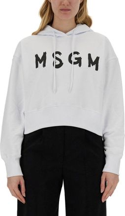Msgm Cropped White Sweatshirt With Contrasting Logo