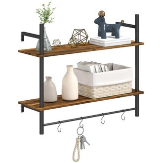 HOMCOM Wall Shelf Unit with 4 Hooks for Living Room - Entryway - Rustic Brown | TJ Hughes Grey
