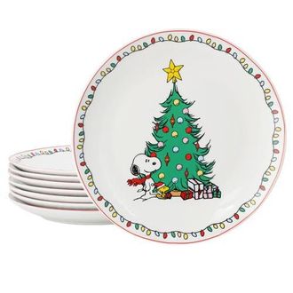 Peanuts Xmas 8 Piece 10.5 Inch Round Stoneware Dinner Plate Set in White at Nordstrom