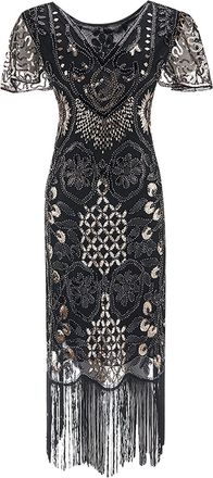 Generic 1920s Flapper Dress for Women UK Vintage Sequin Fringe Beaded Art Deco Fancy Dress with Sleeve for Party Prom Ladies 1920s Cocktail Party Sequin Tasse