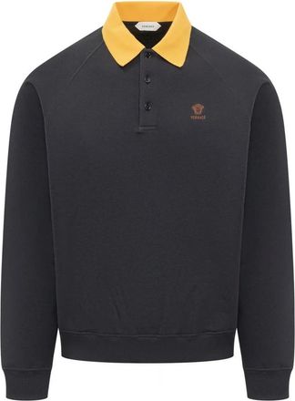 Versace Hoodies & sweatvesten, Heren, Blauw, M, Katoen, Geborduurd katoenen polo sweatshirt