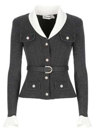Self Portrait Grey Ribbed Knit Belted Cardigan