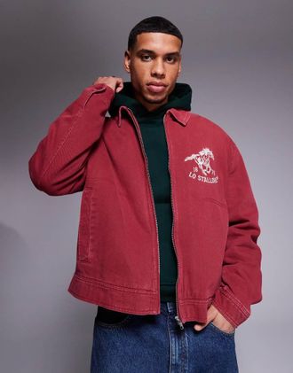 Asos Harrington jacket with chest embroidery in washed red