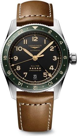 Longines Spirit Zulu Time GMT Automatic Leather Strap Watch, 39mm in Black/Anthracite at Nordstrom