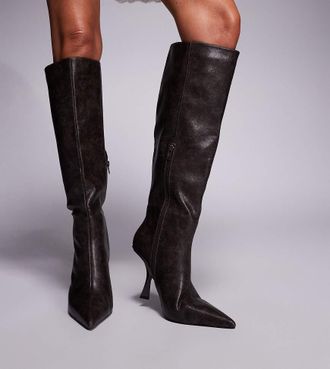 Public Desire Third Date - Stivali al ginocchio a pianta larga con tacco alto marroni effetto invecchiato-Marrone