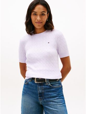 Tommy Hilfiger Womens Short-Sleeve Cable Knit Sweater - Purple - XXL