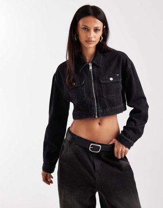 Tommy Jeans Giacca di jeans corta nera con chiusura con zip-Nero