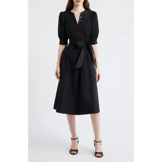 Eliza J Twofer Mixed Media Belted Midi Dress in Black at Nordstrom, Size 16
