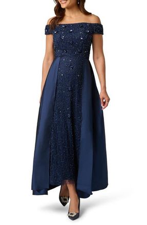 Adrianna Papell Beaded Overlay Taffeta Gown in Light Navy at Nordstrom, Size 16