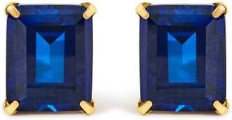 House of Brilliance 18K Yellow Gold 10x8 MM Lab Created Blue Sapphire Emerald Cut Solitaire Stud Earrings at Nordstrom