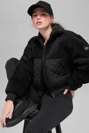 Alo | Sherpa Edge Bomber Jacket in Black, Size: Medium