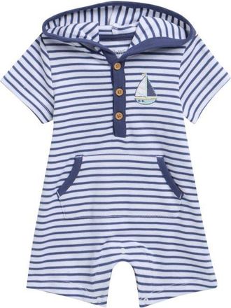 Little Me Sailing Stripe Hooded Cotton Romper in Blue Stripe at Nordstrom, Size 12M