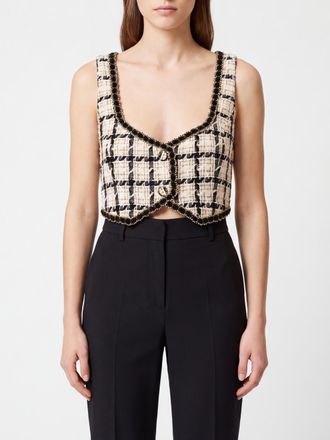 Twinset Cropped V-Neck Top in Check Tweed with Off-Shoulder Design