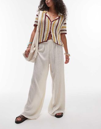 Topshop textured wide leg pants in stone-Neutral