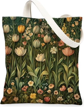 Generic Spring Aesthetic Tulip Canvas Tote Bag for Shopping 13x15, Vintage Flower Garden Reusable Grocery Print Pattern Bag for Women Men, Floral Wildflower A
