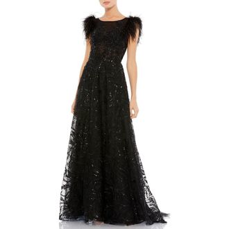 Mac Duggal Womens Embellished Feather Cap Sleeve Bateau A Line Gown in Black at Nordstrom, Size 18