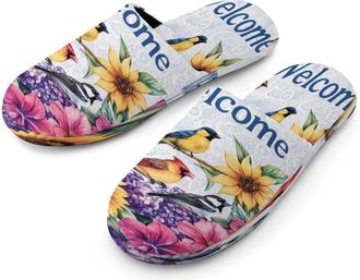 Generic Cardinal Sunflower Bird Welcome Mens Flannel Slipper Soft Comfy House Shoes Non Slip Winter Warm Indoor Outdoor Slippers