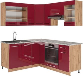 Vicco Cocina Esquinera Fame-line, Burdeos Brillo Intenso/roble Dorado, 160 X 190 Cm, Et M&aacute;rmol