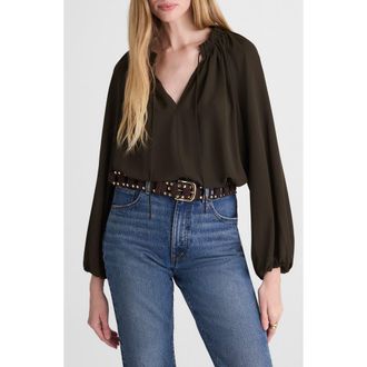 Madewell Long-Sleeve Tie-Neck Top in Midnight Olive at Nordstrom, Size Xx-Small
