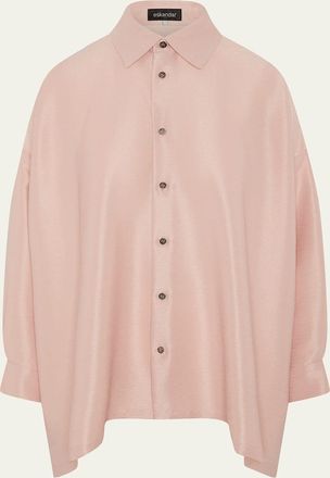 Eskandar Lightweight Silk Plisse Wide A-Line Shirt With Collar - Mid Plus Length
