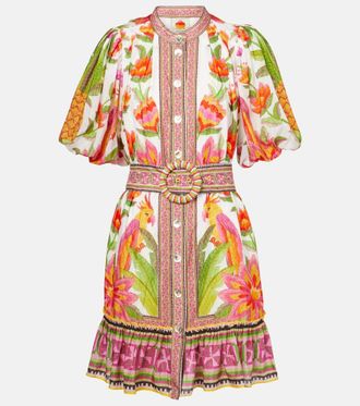 Farm Rio Printed belted cotton-blend minidress