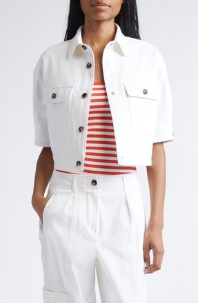 Max Mara Ottano Crop Short Sleeve Cotton Stretch Twill Jacket in Optical White at Nordstrom, Size 10