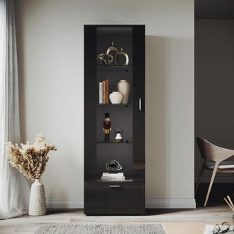 Elegant Lighting Elegant - Modern led Tall Display Cabinet in Black High Gloss 1870 x 600 x 40 mm Cupboard with 5mm Tempered Safety Glass Shelves Sideboard Unit for