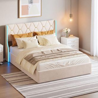 OEM Cama Hidr&aacute;ulica 140x200 Cm - Cama Cofre Para Adultos Doble 2 Personas Con Led Rgb Y Cabecera De Terciopelo Beige - Tela De Lino Dise&ntilde;o Lujo