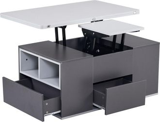Urban Meuble Mesa de centro elevable 2 bandejas 3 cajones blanco y gris oscuro