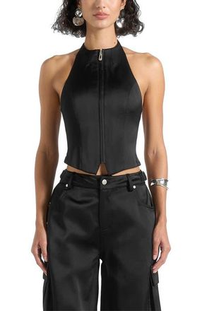Mani&egrave;re De Voir Claudette Satin Halterneck Backless Top in Black at Nordstrom, Size 12