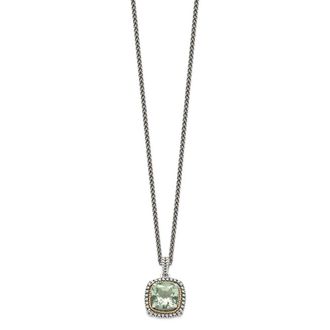 Diamond2Deal Sterling Silver with 14K Accent Cushion Green Quartz Pendant Necklace