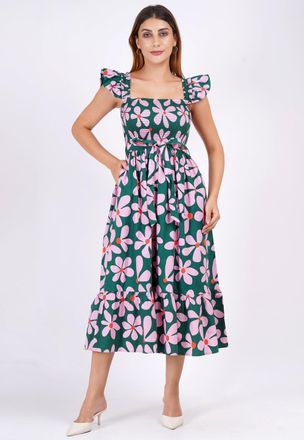 Leota Ivanna A-Line Smocked Midi Dress Dancing Daisies Evergreen
