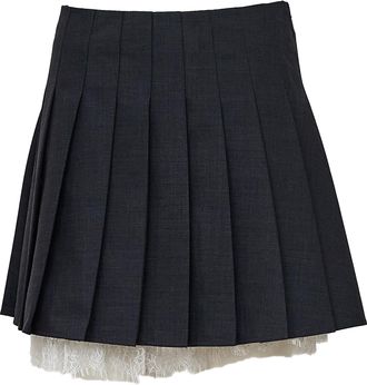 Self Portrait Pleated Grey Mini Skirt With Lace Trim And Concealed Zipper