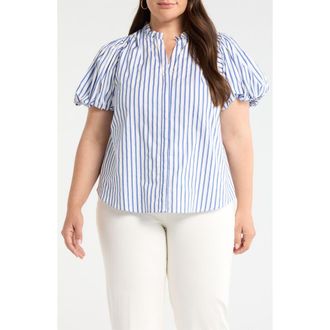 Sugarlips Striped Button Up Puff Sleeve Top in White-Blue at Nordstrom, Size 2X
