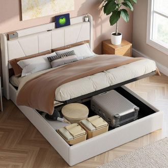 OEM Cama 140x190 Cm, 05tt, 2 Puertos Usb Y 1 Puerto Type-c, Cama Doble, Marco De Cama 140x190 Cm, 280kg, Lino, Beige