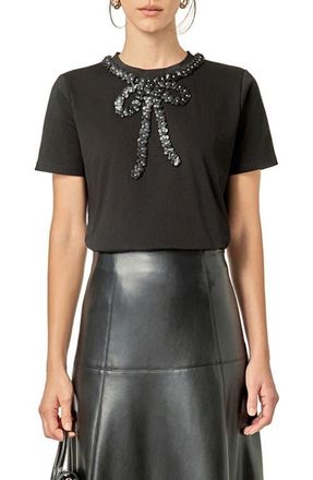 English Factory Embellished Floral Bow Top in Black at Nordstrom, Size X-Small