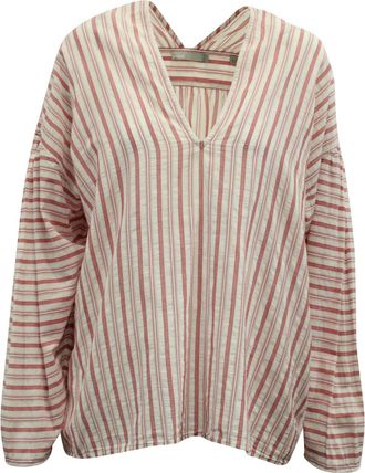 Vince Drop Shoulder Long Sleeve Striped Blouse in Red/White Cotton