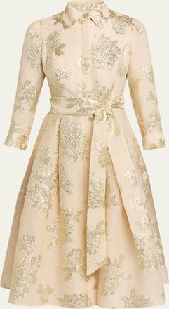 Teri Jon Pleated Metallic Jacquard Midi Shirtdress
