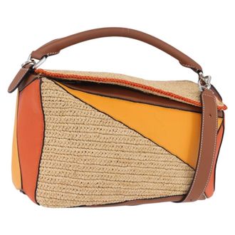 Loewe Puzzle Leather And Raffia Beige Leather Handbag (Pre-Owned)