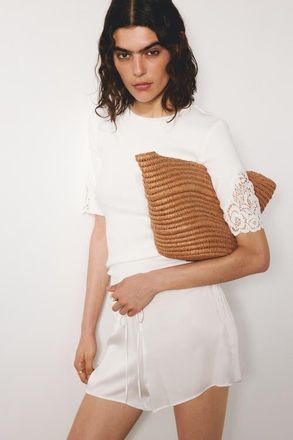 H&M Ribbed lace-inset top in White at Nordstrom, Size X-Small