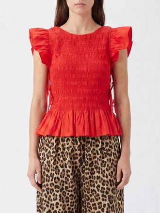 Ganni Top smanicato in cotone stretch con dettaglio arricciato e girocollo