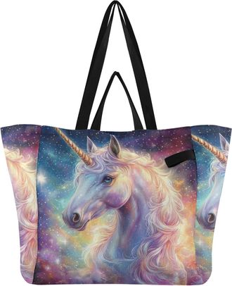 Generic Unicorn Star White pattern Reusable Canvas Tote Bag, Heavy Duty Grocery Shopping Bag with Hard Bottom Large Capacity Double Handles Work Groceries Tra