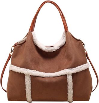 Generic Women suede tote with faux lamb wool lined, vintage multifunctional large capacity shoulder crossbody bag, work travel Purse (Brown)