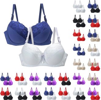 Generic Bras for Women Plus Size Non Wired 2Pc Wireless Bras for Women UK Full Coverage Adjustable Strap Lace Floral Breathable Lightweight Plus Size Bralette