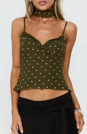 Princess Polly Mishy Scarf Detail Camisole in Olive Polka at Nordstrom, Size 10