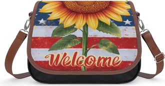 Generic Sunflower Welcome U.S.A Flag Crossbody Bags for Women Fashion Leather Shoulder Handbags With Adjustable Strap